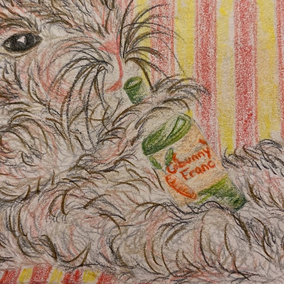 Unframed Original Art Pencil Crayon Drawing Illustration Bunny Lounging w Wine - Picture 4 of 5